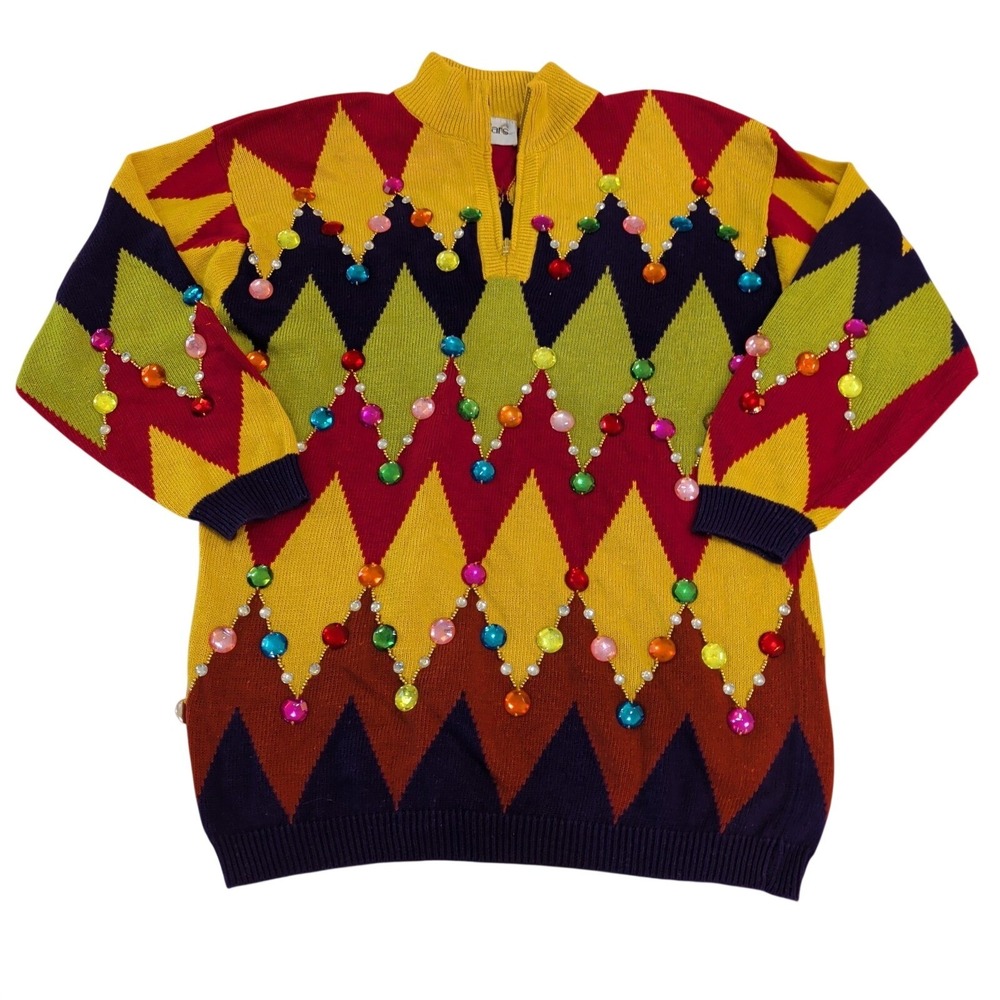 Vintage 80's Cedars Harlequin Jewel Embellished Sweater 1/4 Zip Size Large